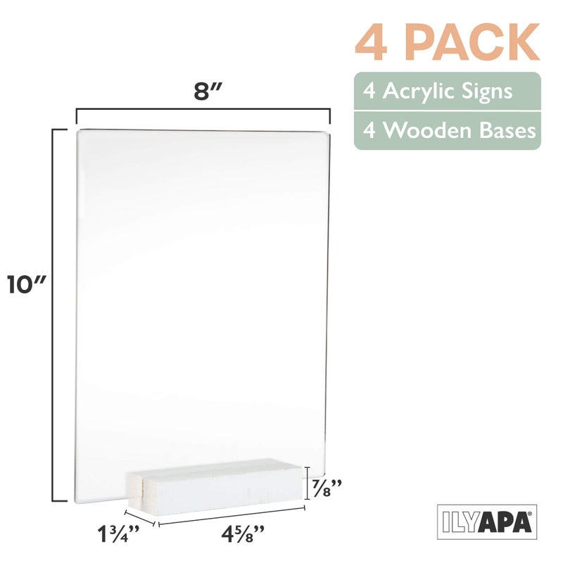 Ilyapa Acrylic Sign Holders with White Wood Stands, 4 Pack - 8x10 Inch Blank Table Numbers Set for Wedding Reception or Any Event - Image 2